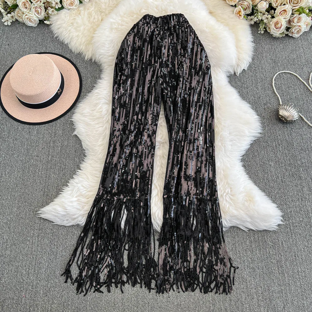 American Shinning Sequin Pantalones Mujer High Waist Tassel Solid Design Pants Women Straight Slim Wide Leg Pant Autumn Dropship