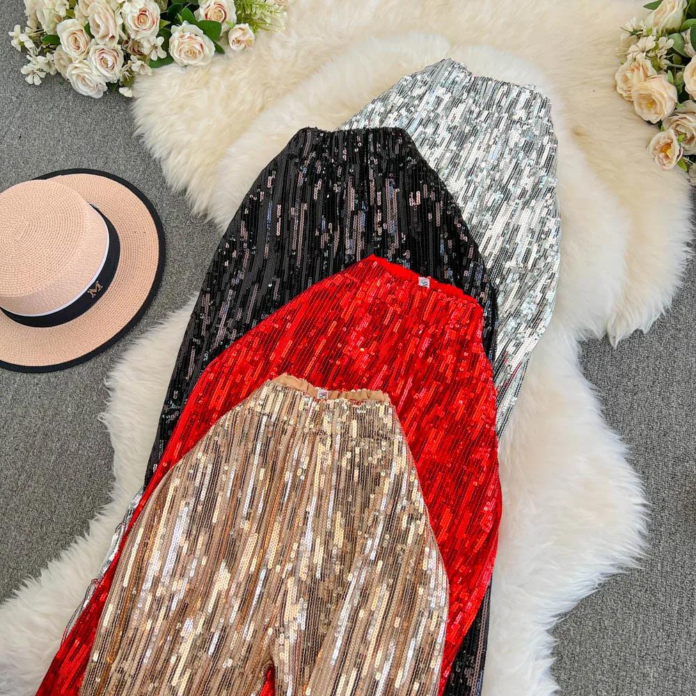 American Shinning Sequin Pantalones Mujer High Waist Tassel Solid Design Pants Women Straight Slim Wide Leg Pant Autumn Dropship