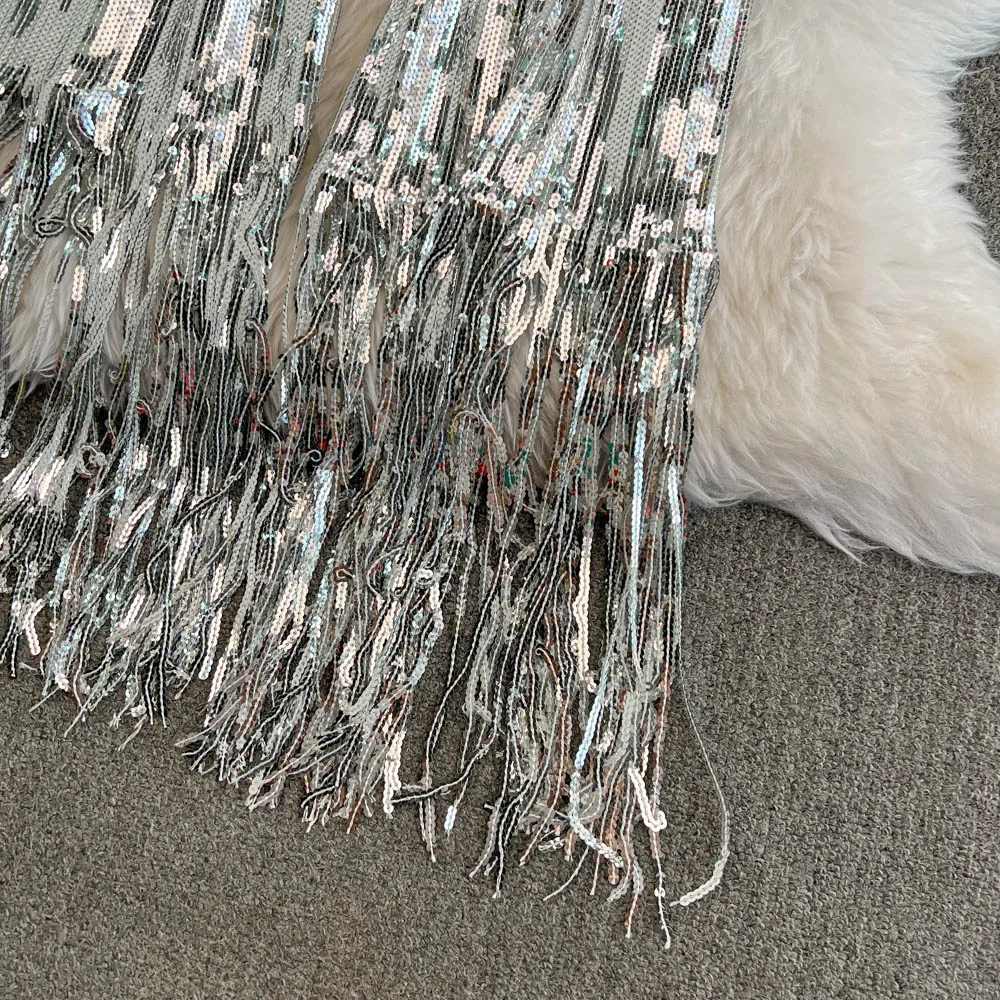 American Shinning Sequin Pantalones Mujer High Waist Tassel Solid Design Pants Women Straight Slim Wide Leg Pant Autumn Dropship
