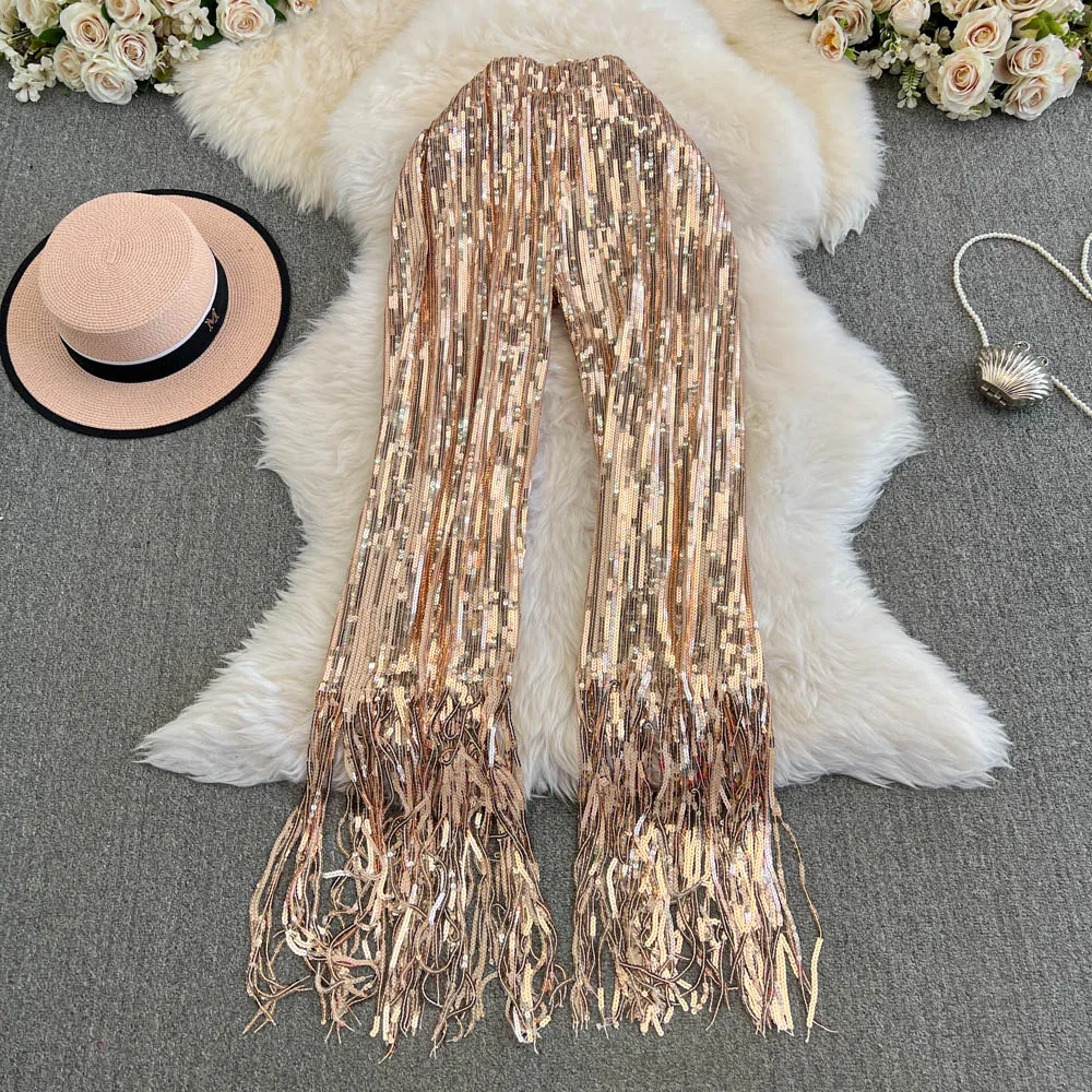 American Shinning Sequin Pantalones Mujer High Waist Tassel Solid Design Pants Women Straight Slim Wide Leg Pant Autumn Dropship