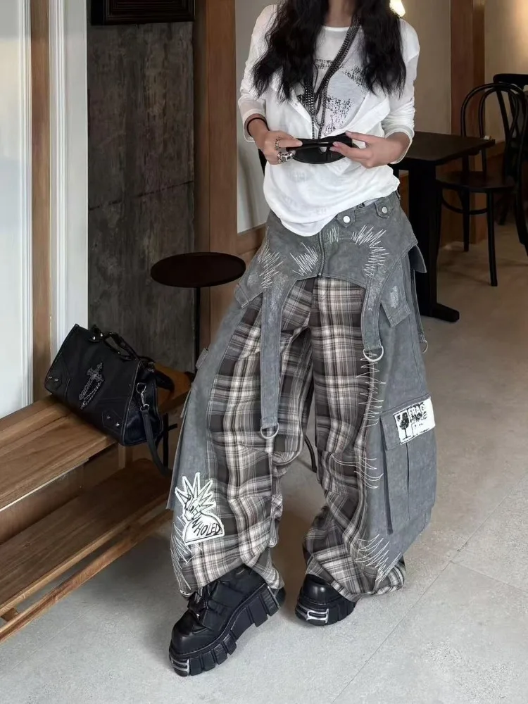 American Street Plaid Patchwork Gray Jeans for Women 2026 Loose Straight Wide Leg Pants Y2k High Waist Women's Clothing