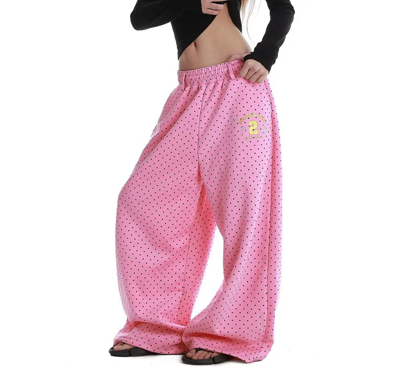 Cute Dot Letter Wide Leg Pant Women Sweet Preppy Style Loose Pink Trousers Female Casual Vintage High Waist Spring Summer Pants