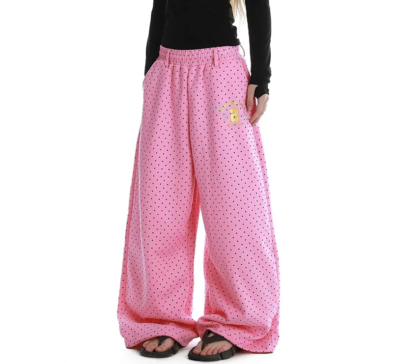 Cute Dot Letter Wide Leg Pant Women Sweet Preppy Style Loose Pink Trousers Female Casual Vintage High Waist Spring Summer Pants