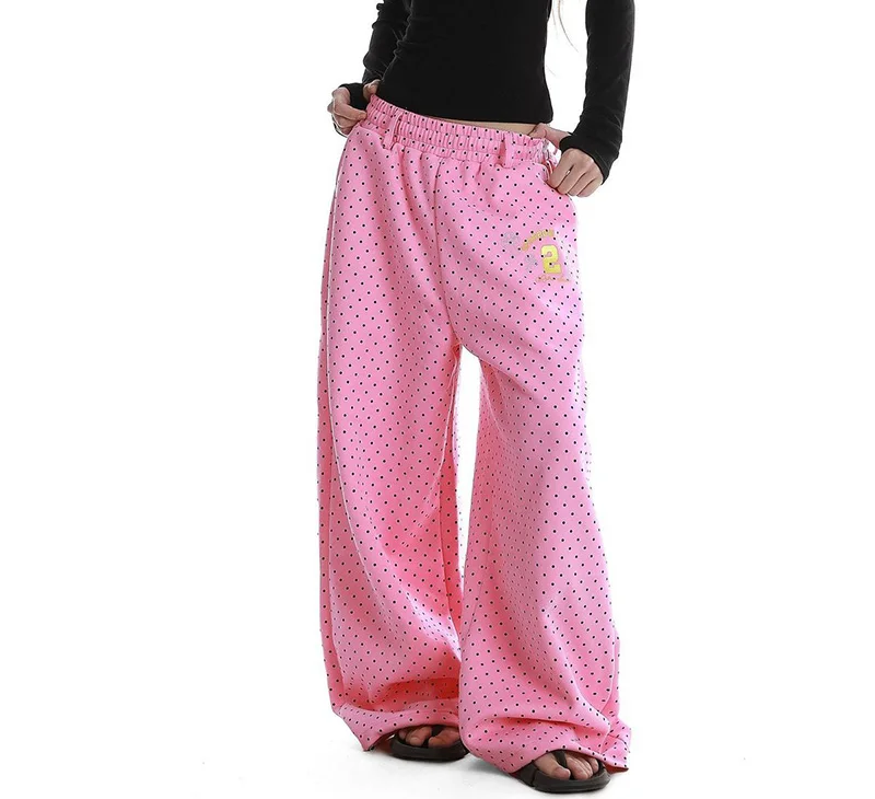 Cute Dot Letter Wide Leg Pant Women Sweet Preppy Style Loose Pink Trousers Female Casual Vintage High Waist Spring Summer Pants