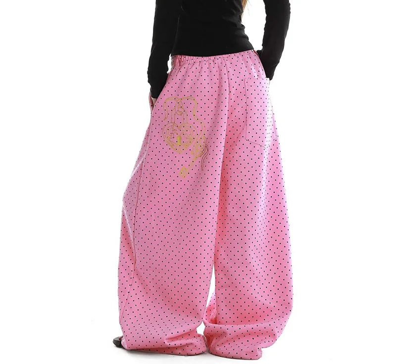 Cute Dot Letter Wide Leg Pant Women Sweet Preppy Style Loose Pink Trousers Female Casual Vintage High Waist Spring Summer Pants