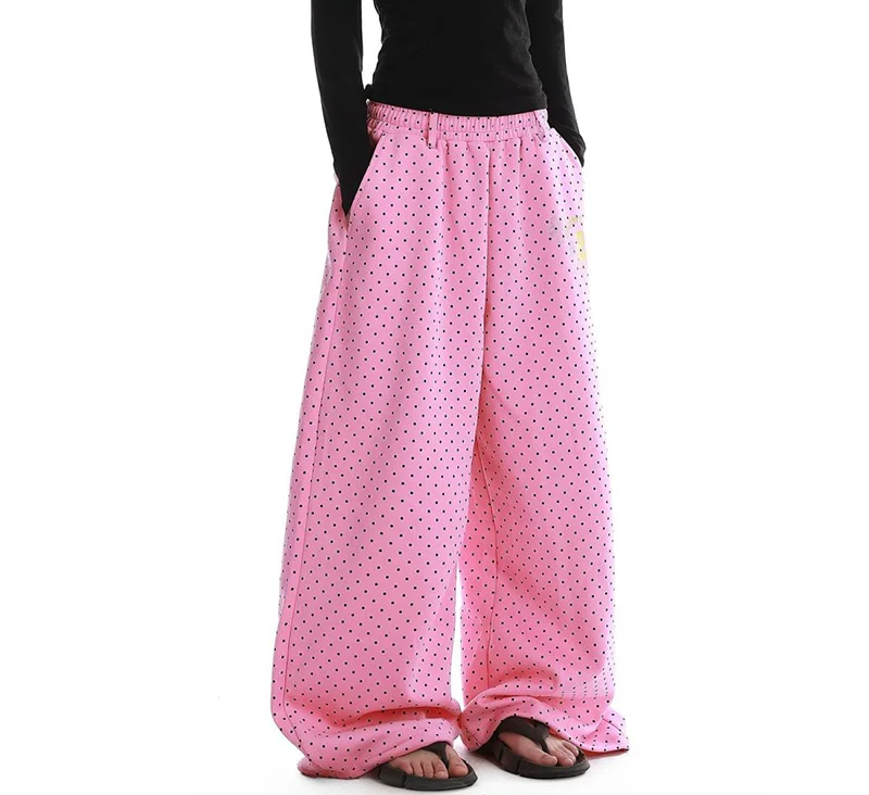 Cute Dot Letter Wide Leg Pant Women Sweet Preppy Style Loose Pink Trousers Female Casual Vintage High Waist Spring Summer Pants