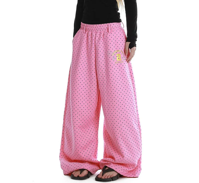 Cute Dot Letter Wide Leg Pant Women Sweet Preppy Style Loose Pink Trousers Female Casual Vintage High Waist Spring Summer Pants