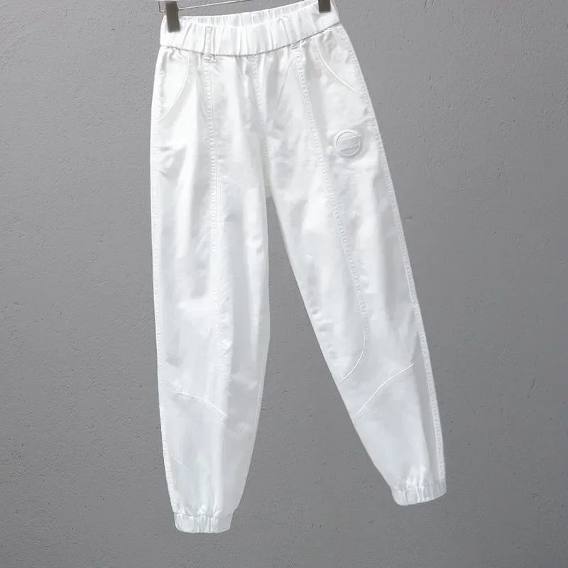 White Pants for Women with Elastic Waistband Loose and Casual Joggers Ankle-Length Leggings with Slimming Effect Harem Pants