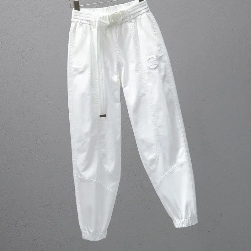 White Pants for Women with Elastic Waistband Loose and Casual Joggers Ankle-Length Leggings with Slimming Effect Harem Pants