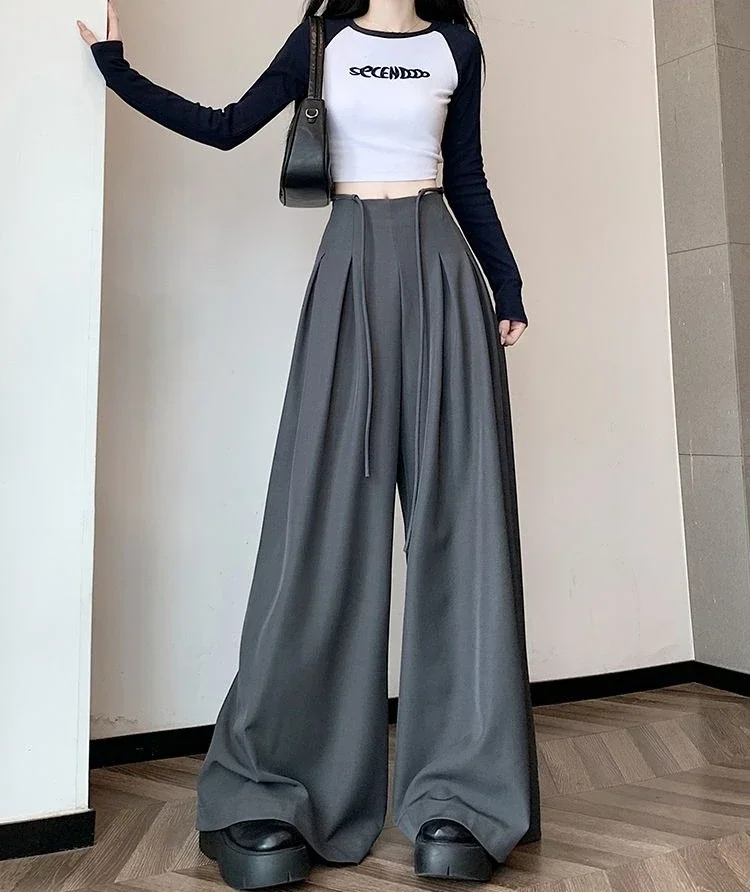 Gray Baggy Wide Leg Suit Pant Women's Pants Cotton Outfits All Medium Y2k Streetwear Slacks Vintage Classic Xxl Female Trousers