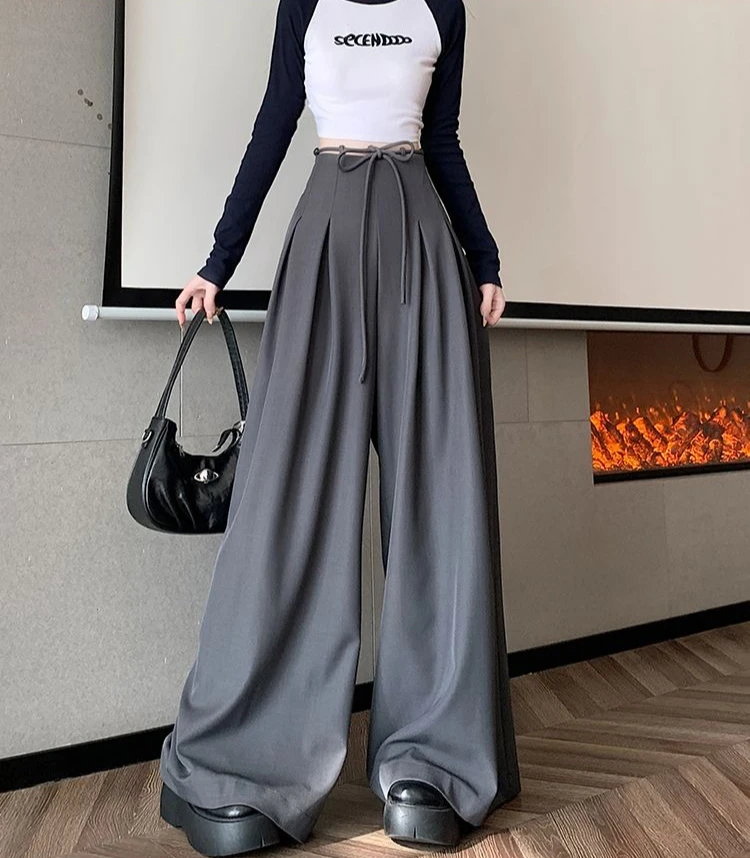 Gray Baggy Wide Leg Suit Pant Women's Pants Cotton Outfits All Medium Y2k Streetwear Slacks Vintage Classic Xxl Female Trousers