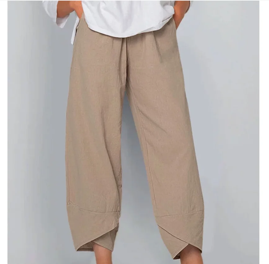Women Cotton Linen Harem Pants Vintage Printed Wide Leg Trousers Casual Solid Pockets Harajuku High Waist Baggy Pants Joggers