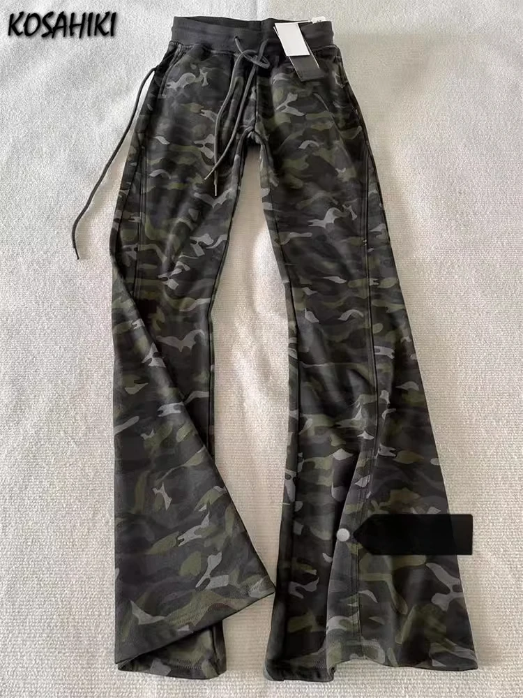 Y2k Aesthetic Grunge Camouflage Print Womans Pantalones Harajuku Drawstring Flare Pants Vintage Streetwear High Waist Trousers