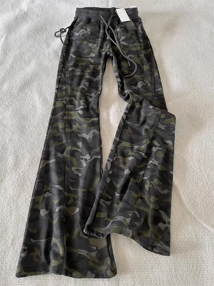 Y2k Aesthetic Grunge Camouflage Print Womans Pantalones Harajuku Drawstring Flare Pants Vintage Streetwear High Waist Trousers