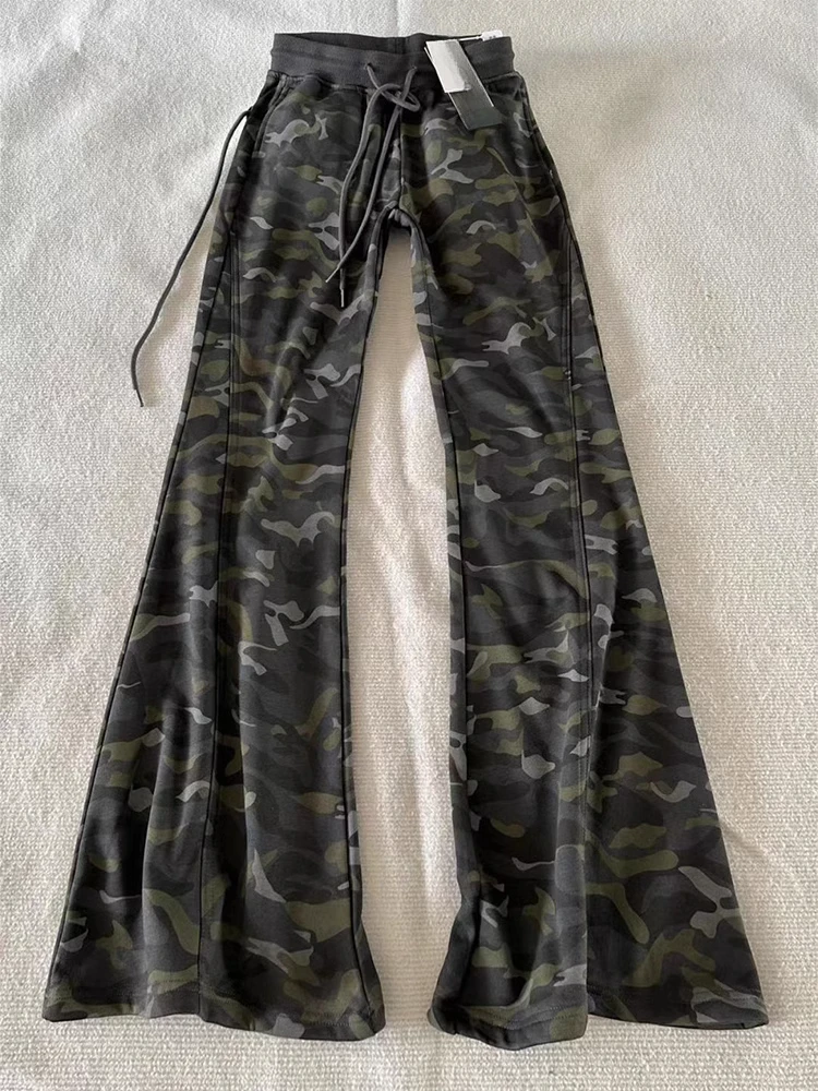 Y2k Aesthetic Grunge Camouflage Print Womans Pantalones Harajuku Drawstring Flare Pants Vintage Streetwear High Waist Trousers