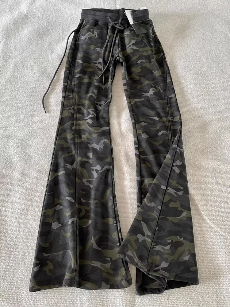 Y2k Aesthetic Grunge Camouflage Print Womans Pantalones Harajuku Drawstring Flare Pants Vintage Streetwear High Waist Trousers