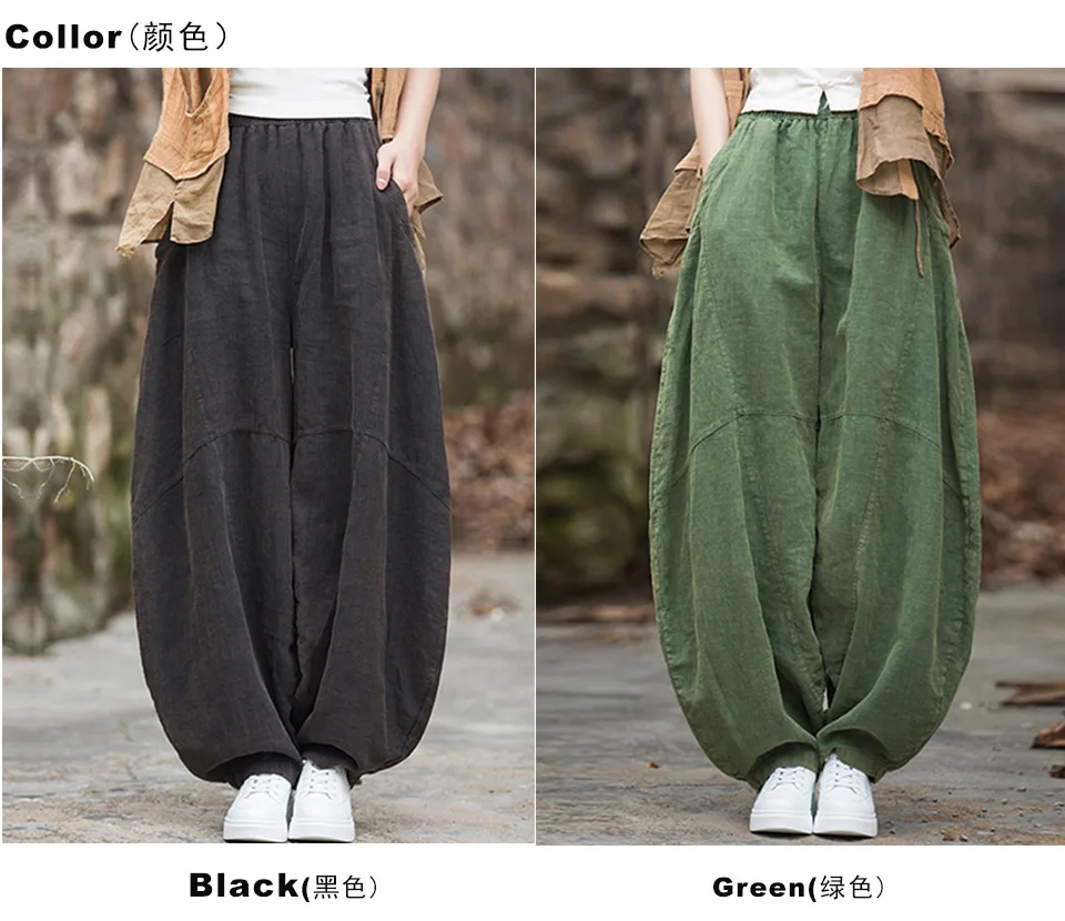 Elegant Women's Cotton Linen Baggy Cargo Pants Vintage Elastic Waist Yoga Trousers Loose Casual Long Wide Leg Oversize Clothes