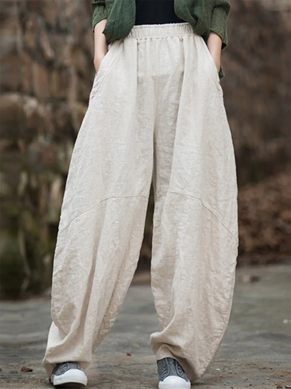 Elegant Women's Cotton Linen Baggy Cargo Pants Vintage Elastic Waist Yoga Trousers Loose Casual Long Wide Leg Oversize Clothes