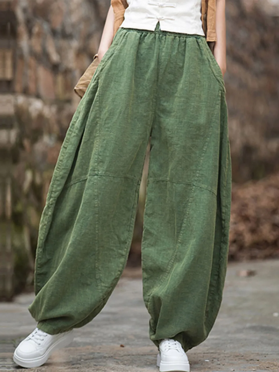 Elegant Women's Cotton Linen Baggy Cargo Pants Vintage Elastic Waist Yoga Trousers Loose Casual Long Wide Leg Oversize Clothes