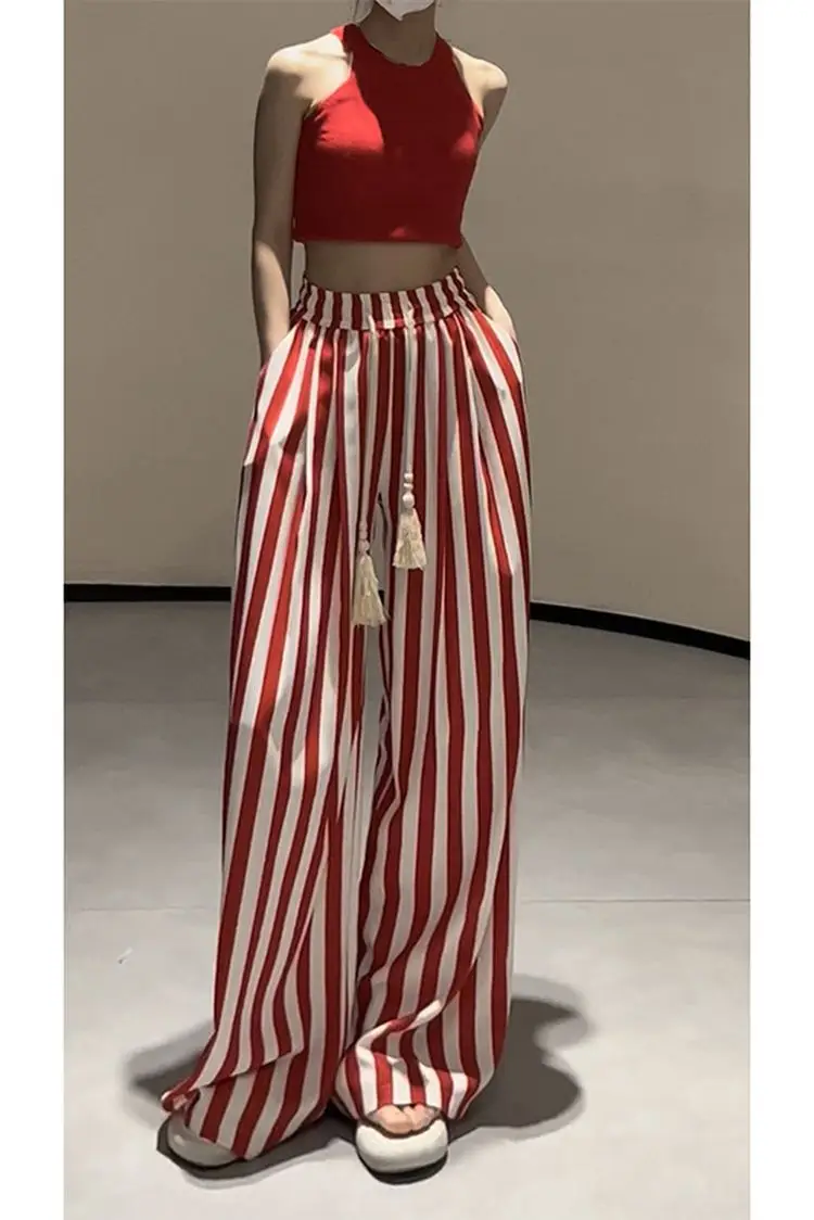 Xgoth New Fashion High end Striped Wide Leg Pants for Women Summer High Waist Slimming Straight Leg Pants Loose Casual Trousers