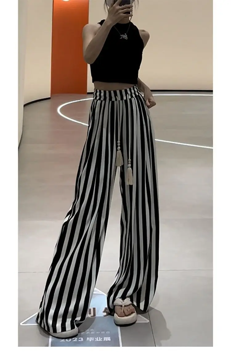 Xgoth New Fashion High end Striped Wide Leg Pants for Women Summer High Waist Slimming Straight Leg Pants Loose Casual Trousers