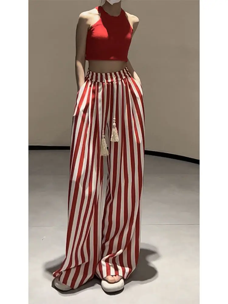 Xgoth New Fashion High end Striped Wide Leg Pants for Women Summer High Waist Slimming Straight Leg Pants Loose Casual Trousers