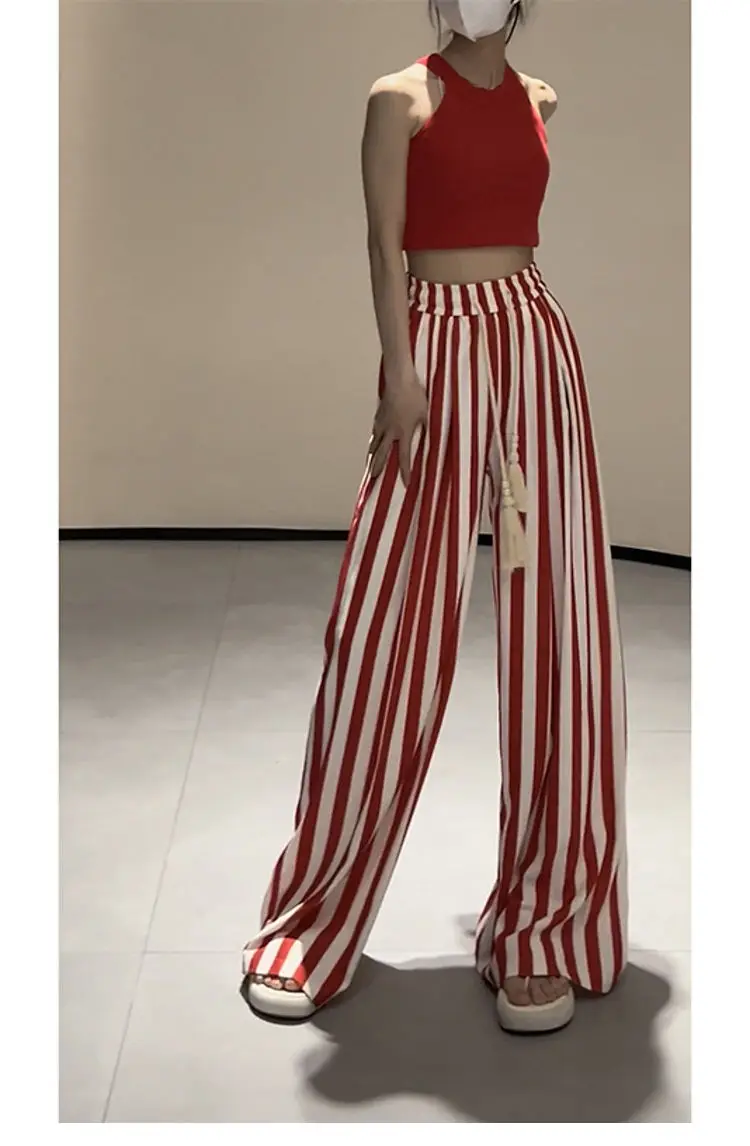 Xgoth New Fashion High end Striped Wide Leg Pants for Women Summer High Waist Slimming Straight Leg Pants Loose Casual Trousers
