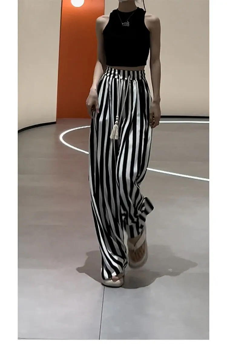 Xgoth New Fashion High end Striped Wide Leg Pants for Women Summer High Waist Slimming Straight Leg Pants Loose Casual Trousers