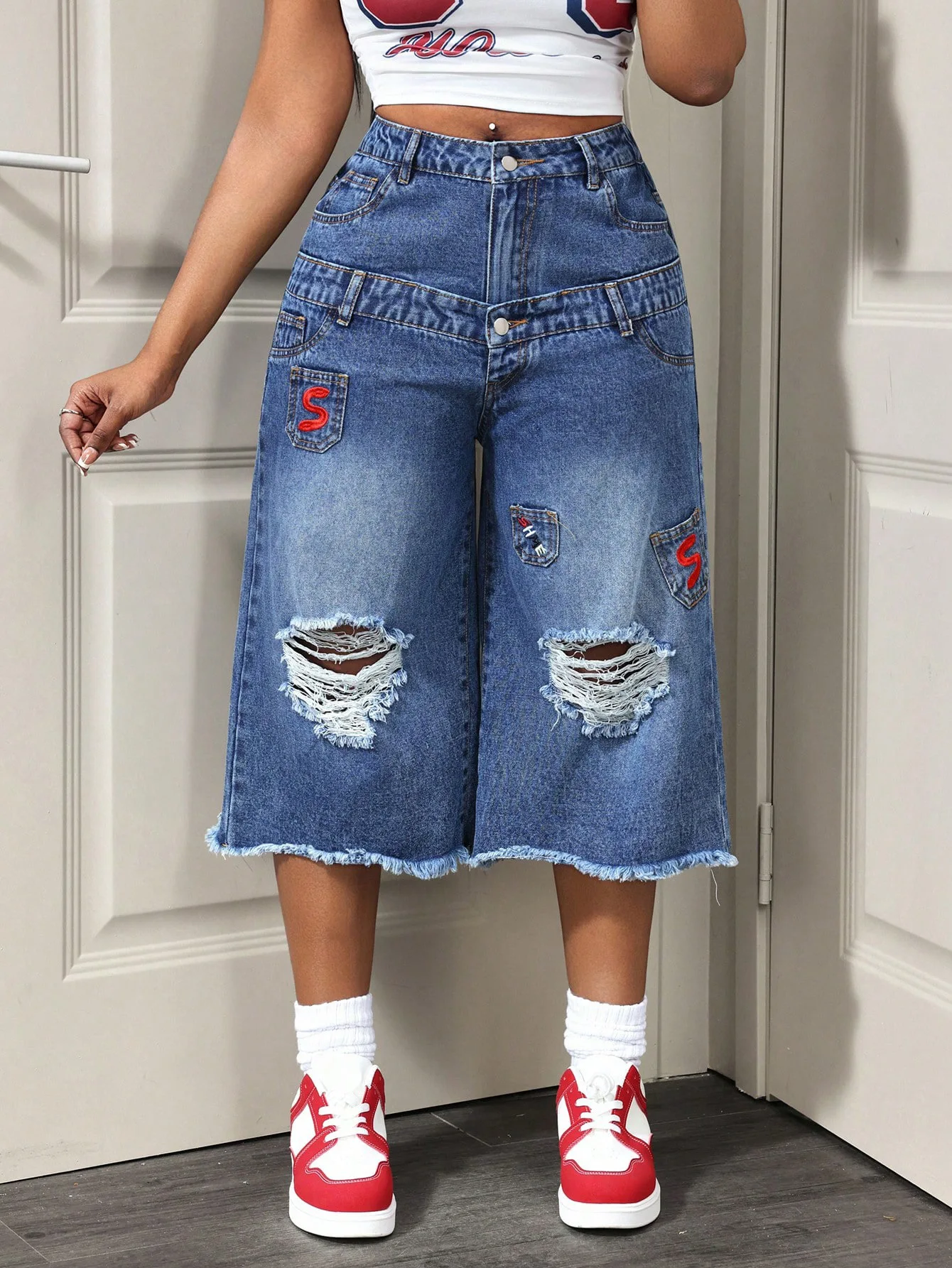 Women Denim Calf Length Pant Jeans Vintage Wide Leg Pants Hole High Waist Straight Trousers Y2k Streetwear Elegant Work Casual