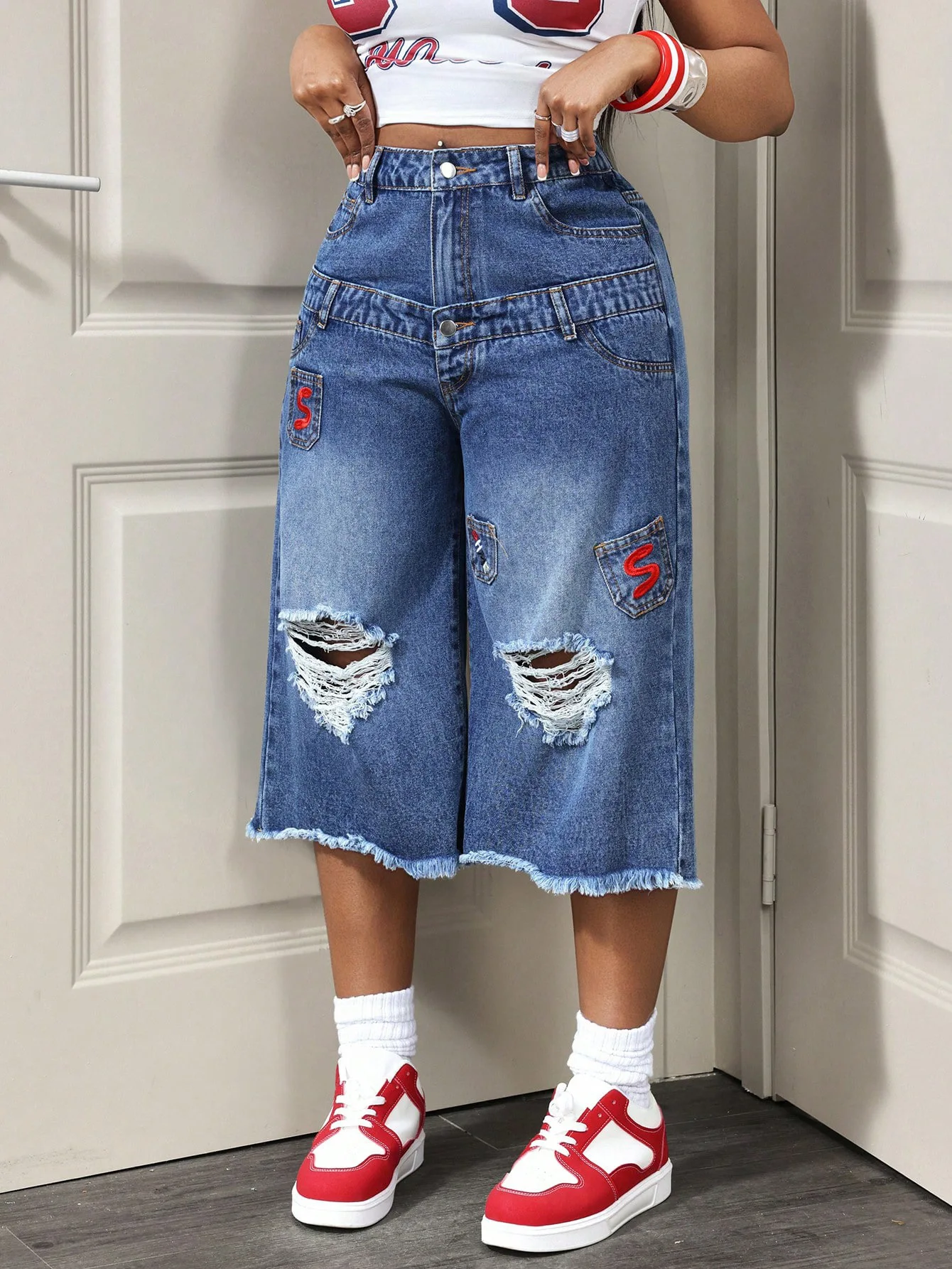 Women Denim Calf Length Pant Jeans Vintage Wide Leg Pants Hole High Waist Straight Trousers Y2k Streetwear Elegant Work Casual