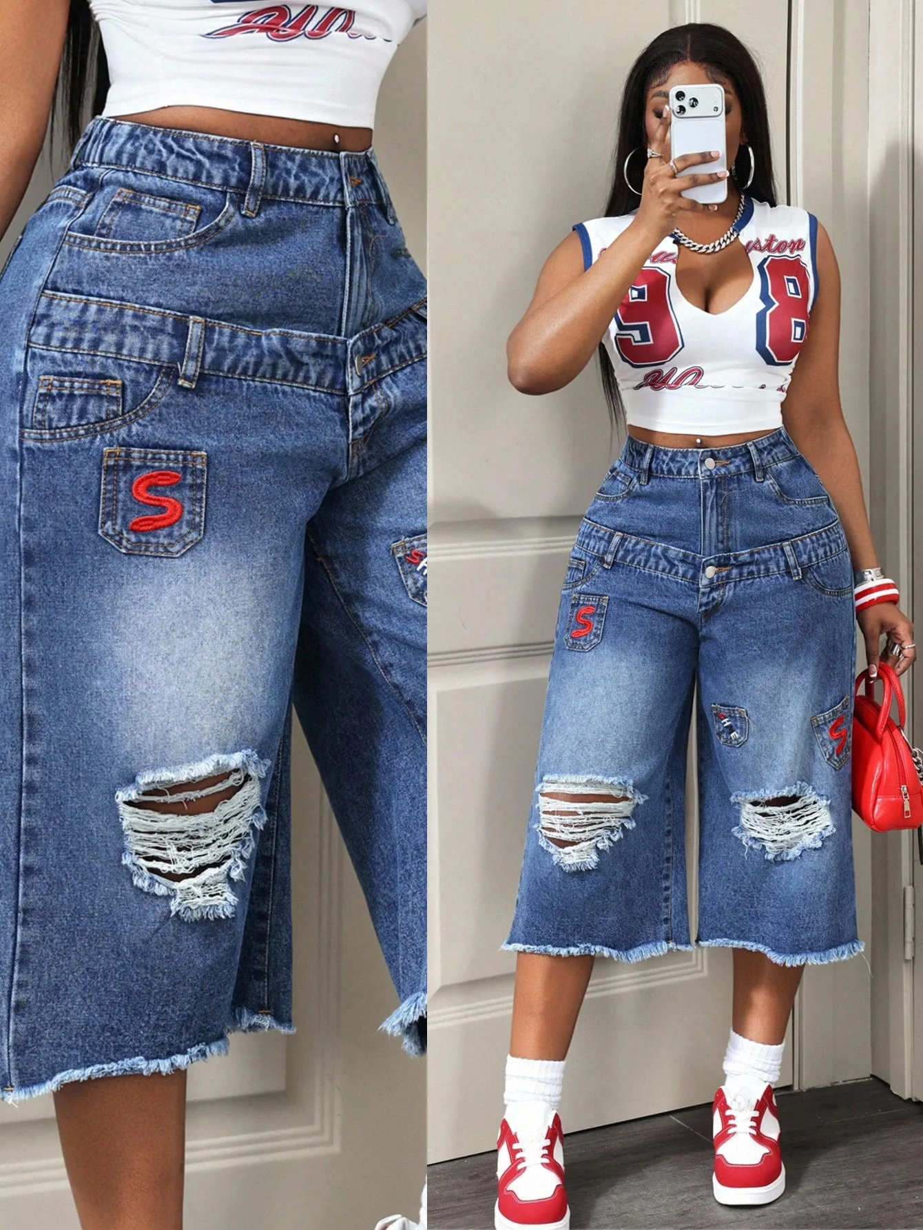 Women Denim Calf Length Pant Jeans Vintage Wide Leg Pants Hole High Waist Straight Trousers Y2k Streetwear Elegant Work Casual
