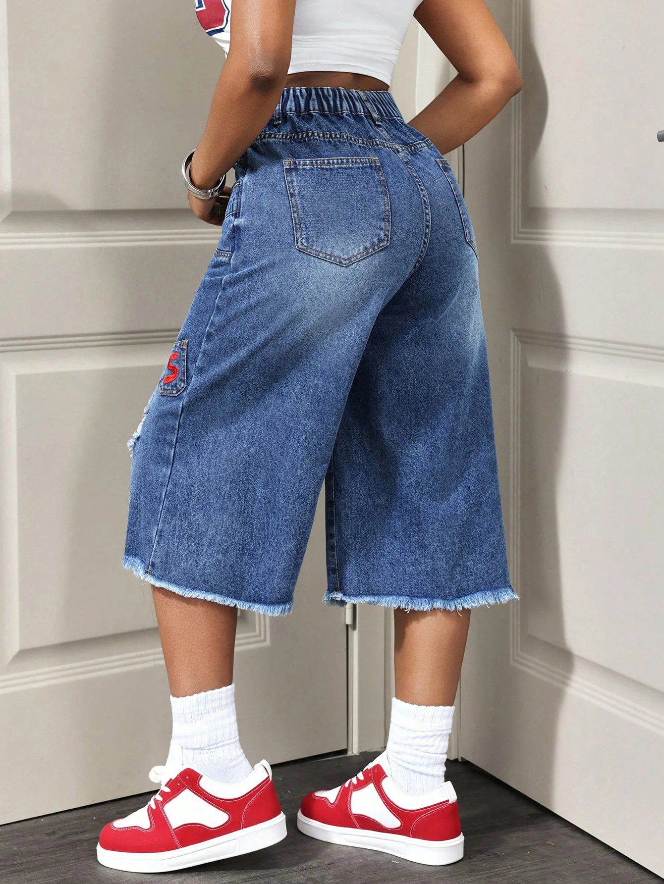 Women Denim Calf Length Pant Jeans Vintage Wide Leg Pants Hole High Waist Straight Trousers Y2k Streetwear Elegant Work Casual