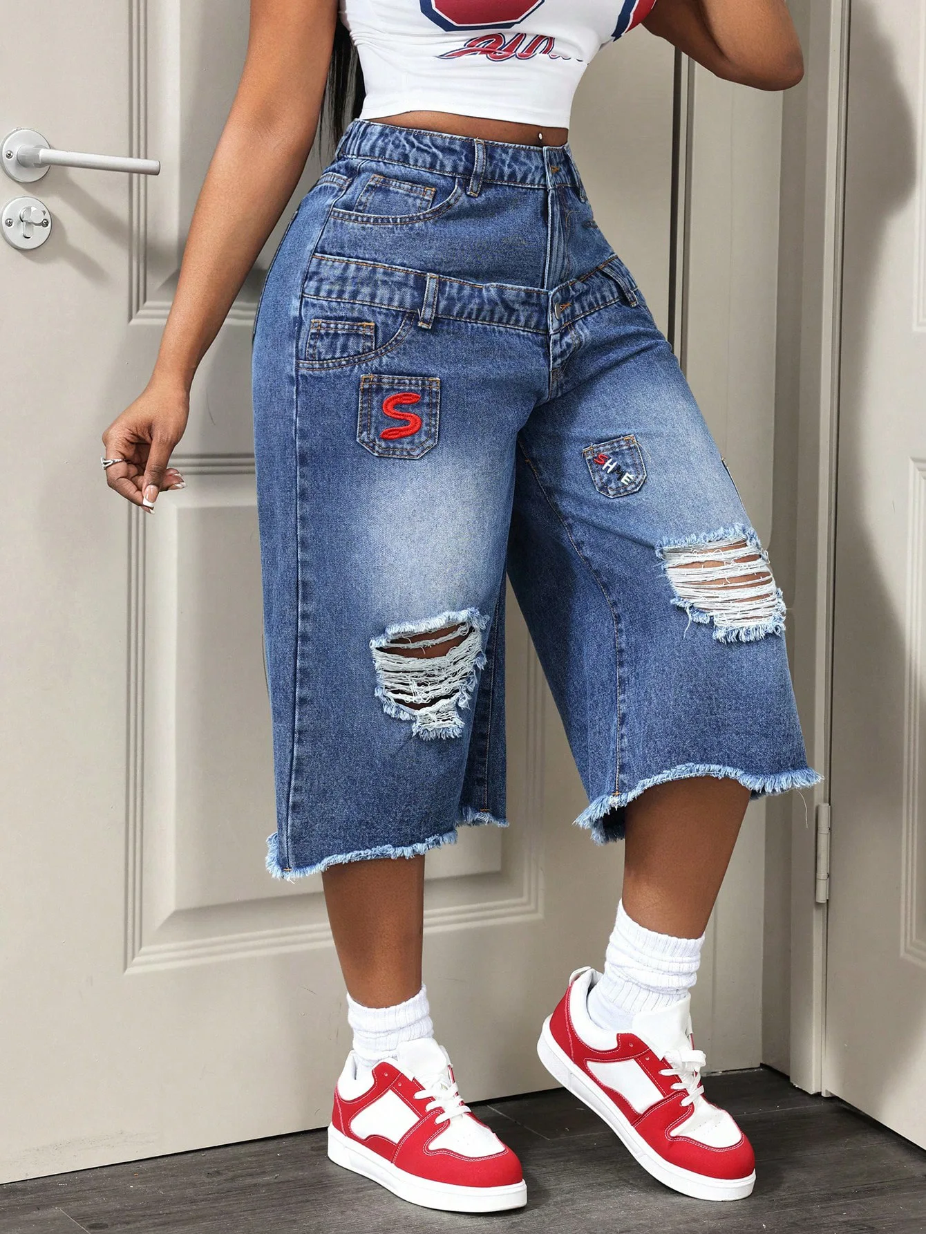 Women Denim Calf Length Pant Jeans Vintage Wide Leg Pants Hole High Waist Straight Trousers Y2k Streetwear Elegant Work Casual