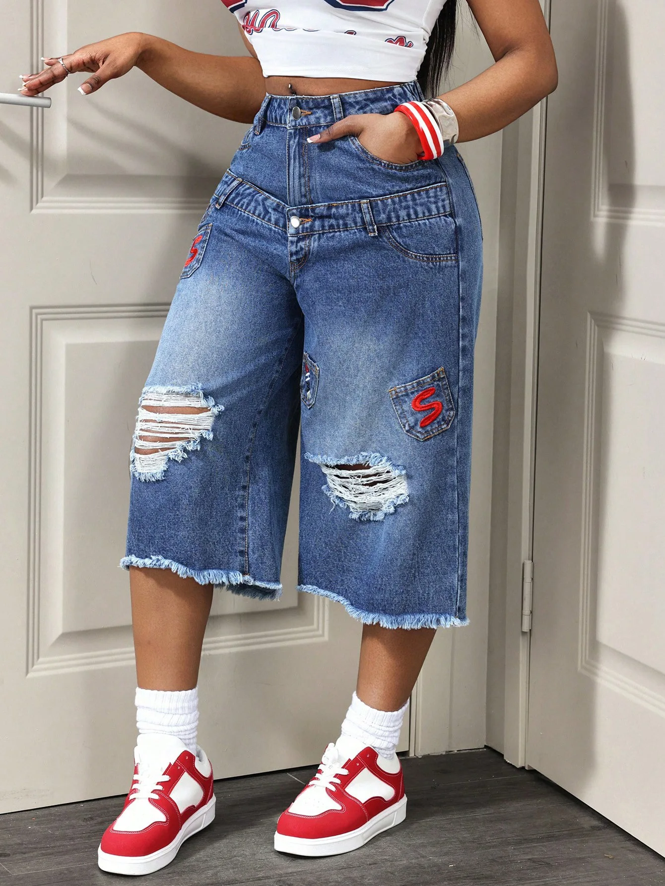 Women Denim Calf Length Pant Jeans Vintage Wide Leg Pants Hole High Waist Straight Trousers Y2k Streetwear Elegant Work Casual