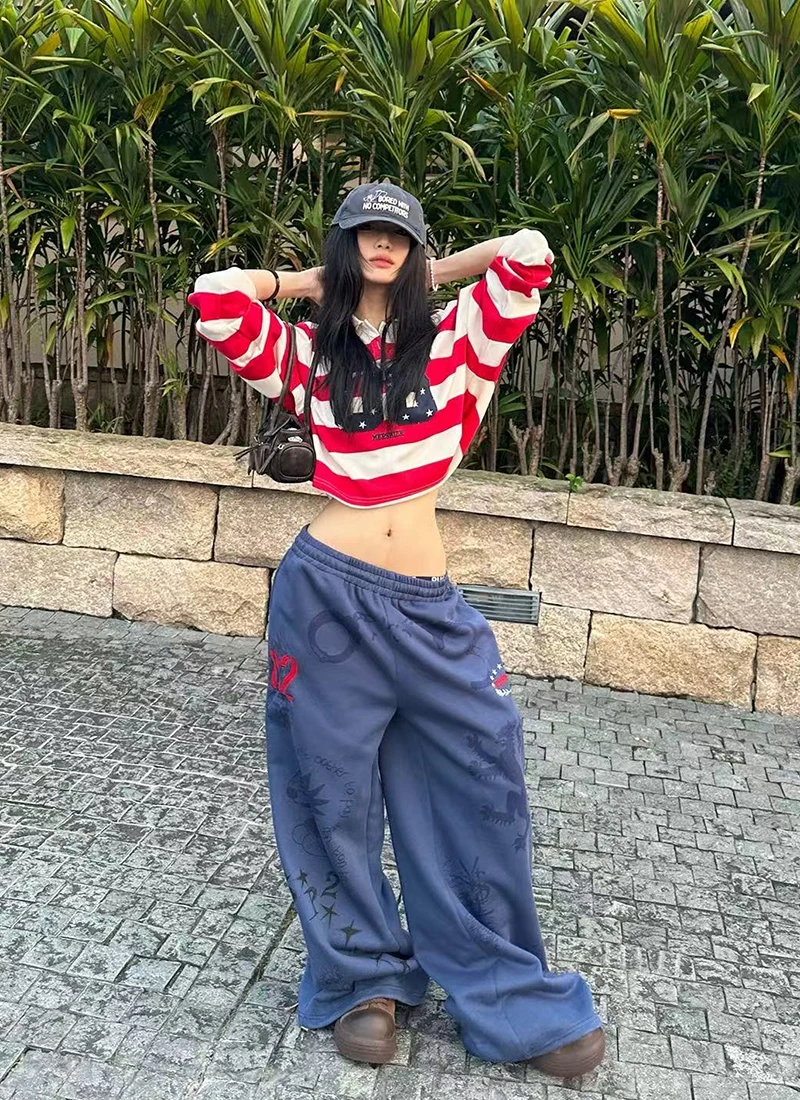 Y2K American Printed Women Wide Leg Pants Winter Thick Loose Drawstring Sweatpants High Waist Streetwear Straight Trousers Mujer