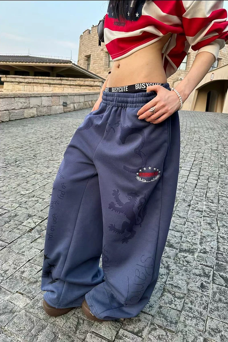 Y2K American Printed Women Wide Leg Pants Winter Thick Loose Drawstring Sweatpants High Waist Streetwear Straight Trousers Mujer