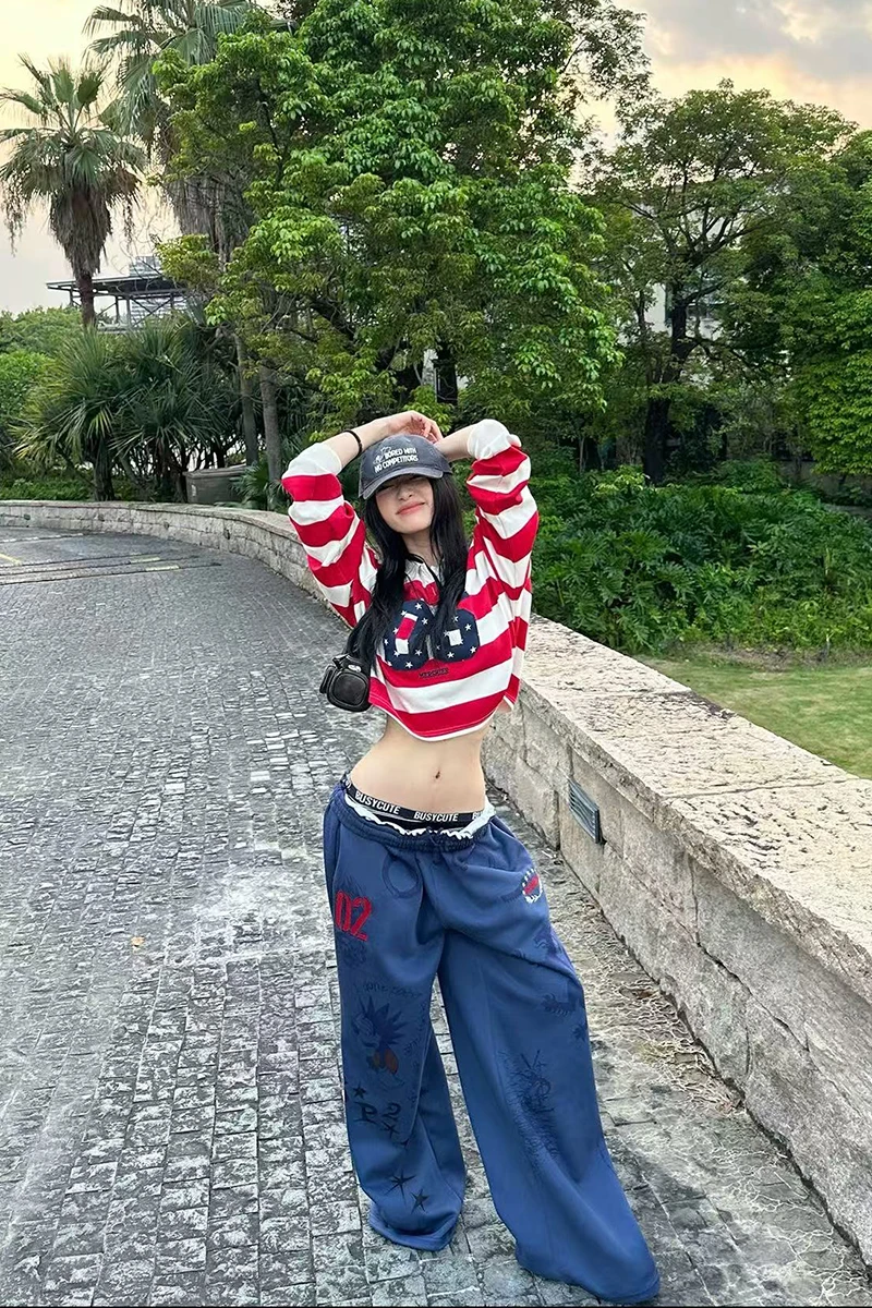 Y2K American Printed Women Wide Leg Pants Winter Thick Loose Drawstring Sweatpants High Waist Streetwear Straight Trousers Mujer
