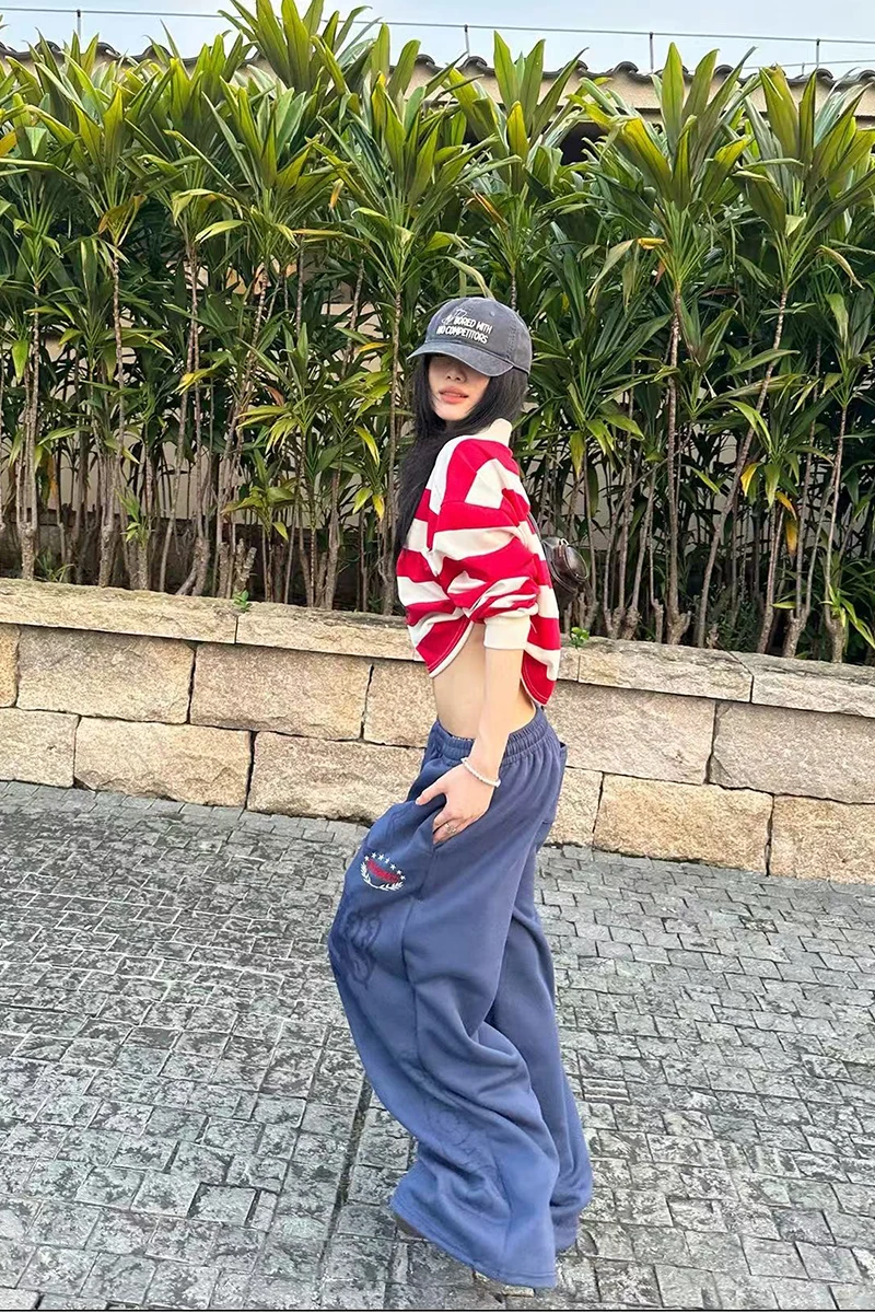 Y2K American Printed Women Wide Leg Pants Winter Thick Loose Drawstring Sweatpants High Waist Streetwear Straight Trousers Mujer