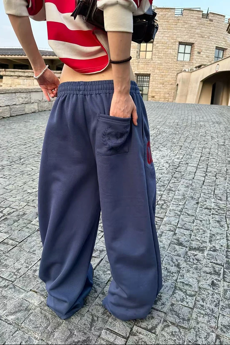 Y2K American Printed Women Wide Leg Pants Winter Thick Loose Drawstring Sweatpants High Waist Streetwear Straight Trousers Mujer