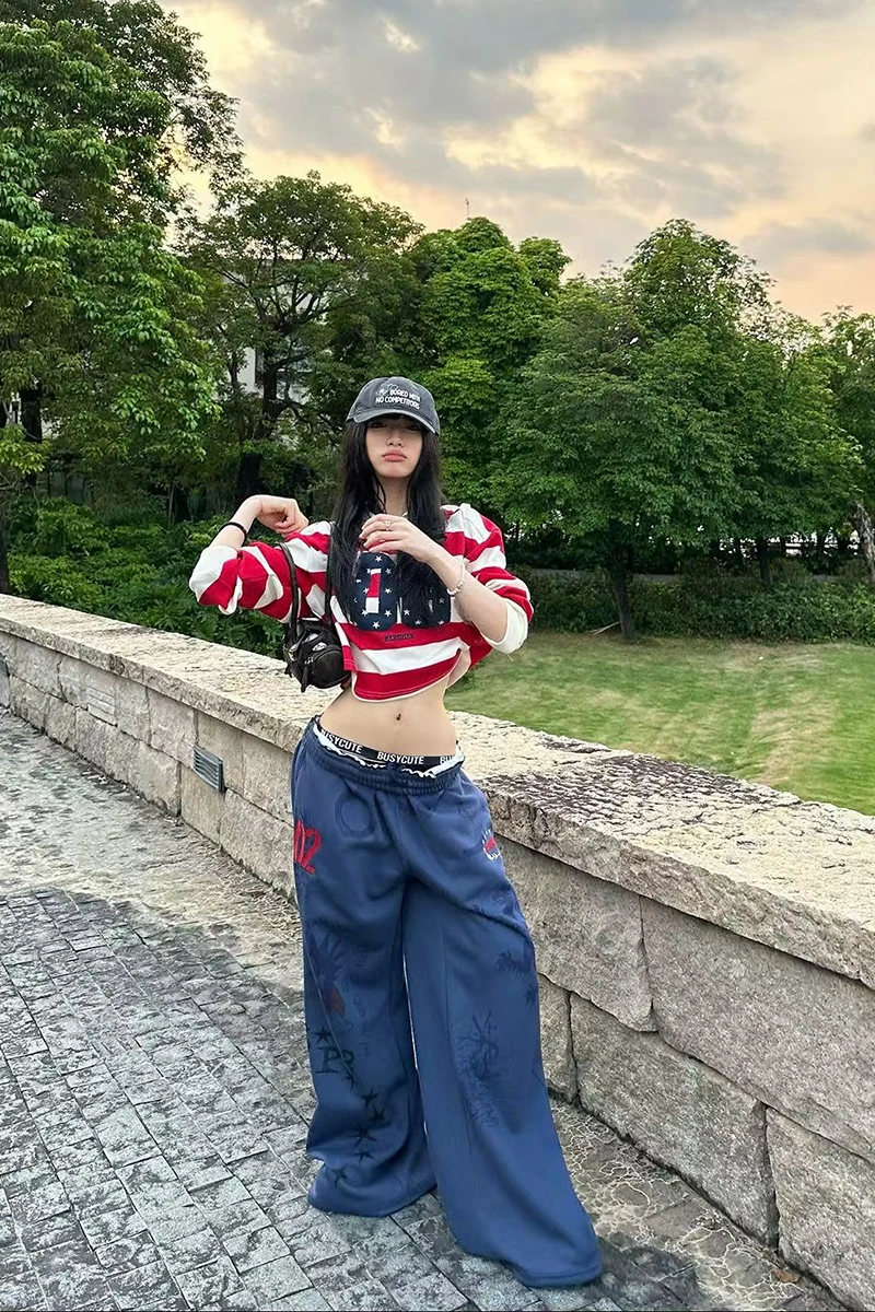 Y2K American Printed Women Wide Leg Pants Winter Thick Loose Drawstring Sweatpants High Waist Streetwear Straight Trousers Mujer
