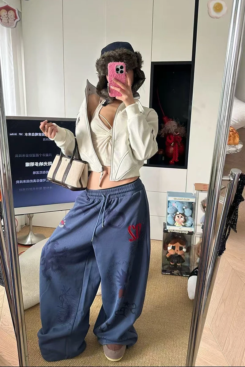Y2K American Printed Women Wide Leg Pants Winter Thick Loose Drawstring Sweatpants High Waist Streetwear Straight Trousers Mujer