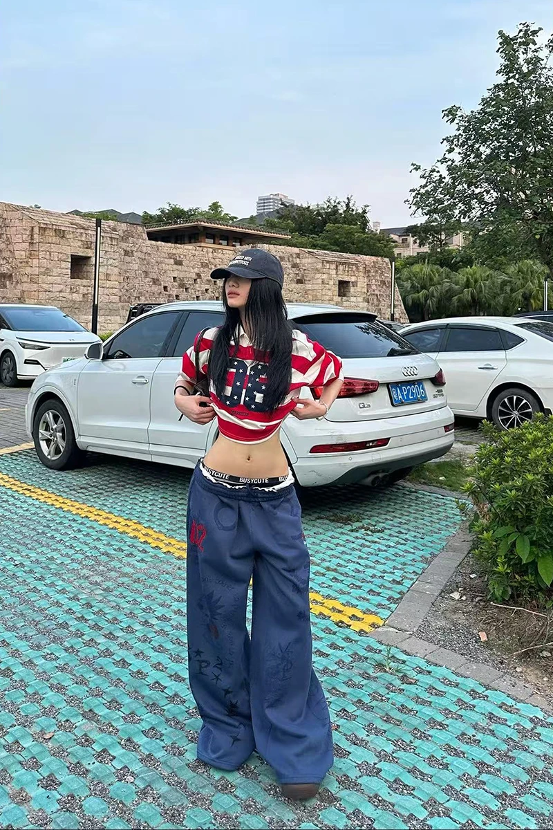 Y2K American Printed Women Wide Leg Pants Winter Thick Loose Drawstring Sweatpants High Waist Streetwear Straight Trousers Mujer