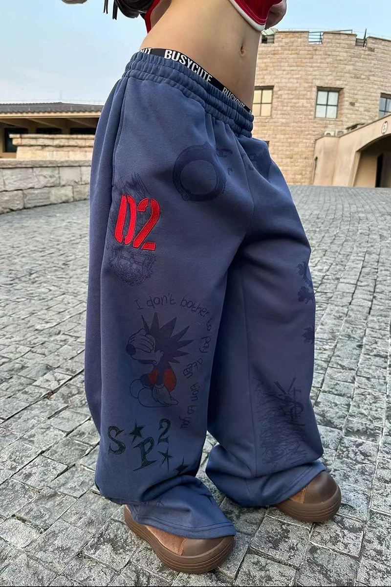 Y2K American Printed Women Wide Leg Pants Winter Thick Loose Drawstring Sweatpants High Waist Streetwear Straight Trousers Mujer