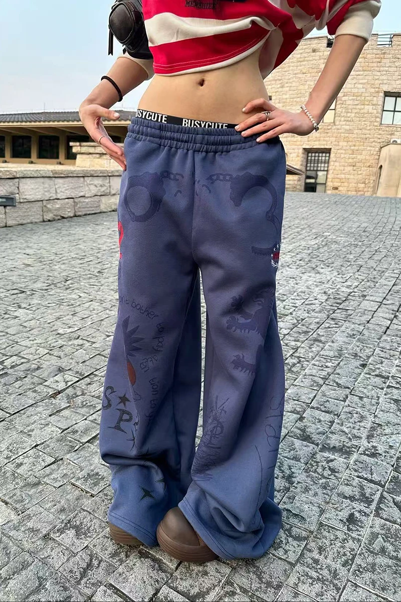 Y2K American Printed Women Wide Leg Pants Winter Thick Loose Drawstring Sweatpants High Waist Streetwear Straight Trousers Mujer