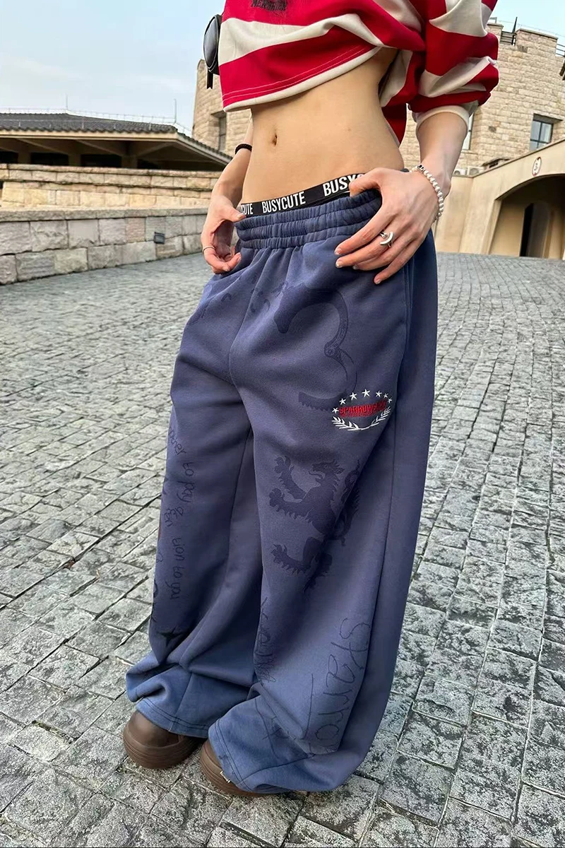 Y2K American Printed Women Wide Leg Pants Winter Thick Loose Drawstring Sweatpants High Waist Streetwear Straight Trousers Mujer