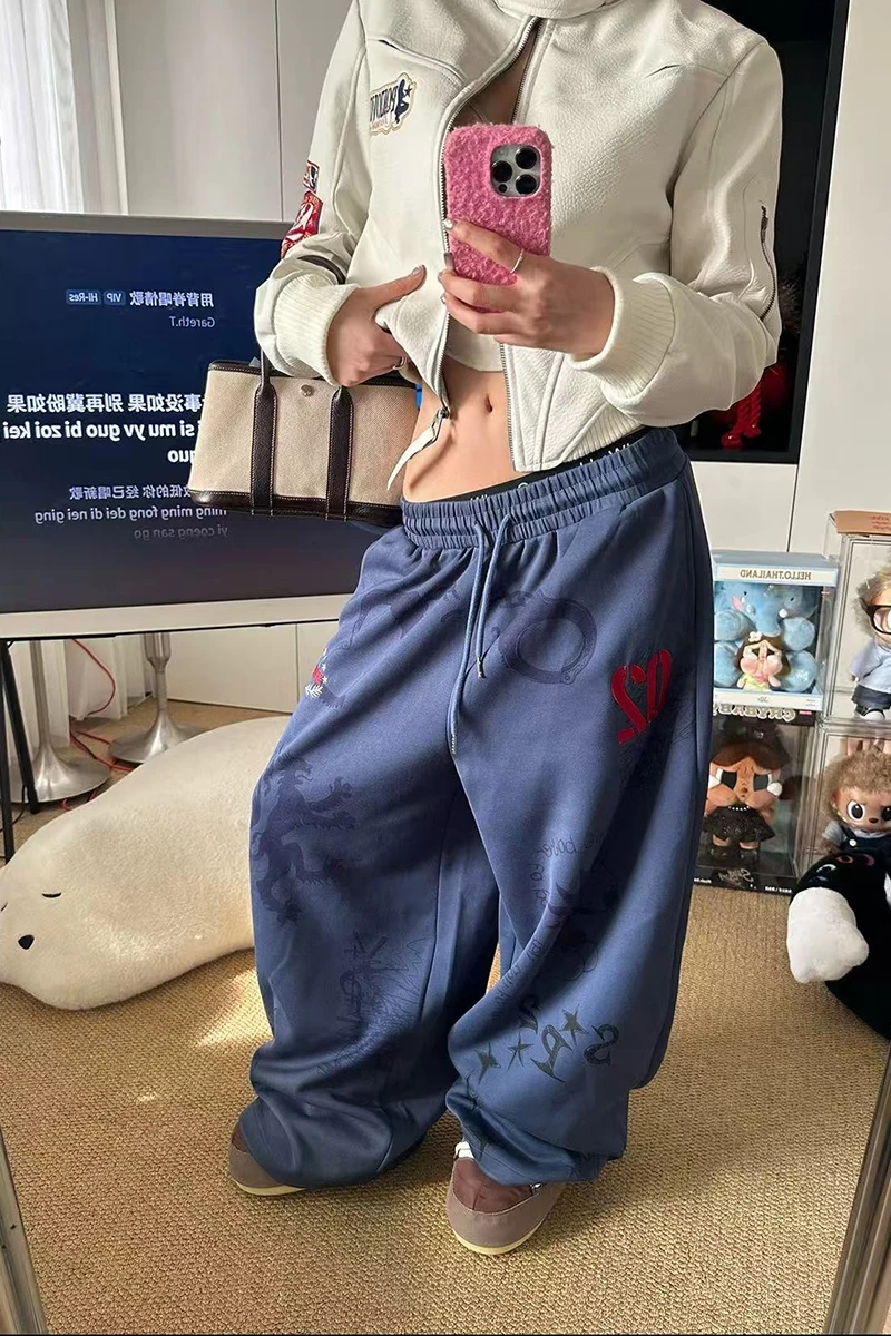 Y2K American Printed Women Wide Leg Pants Winter Thick Loose Drawstring Sweatpants High Waist Streetwear Straight Trousers Mujer