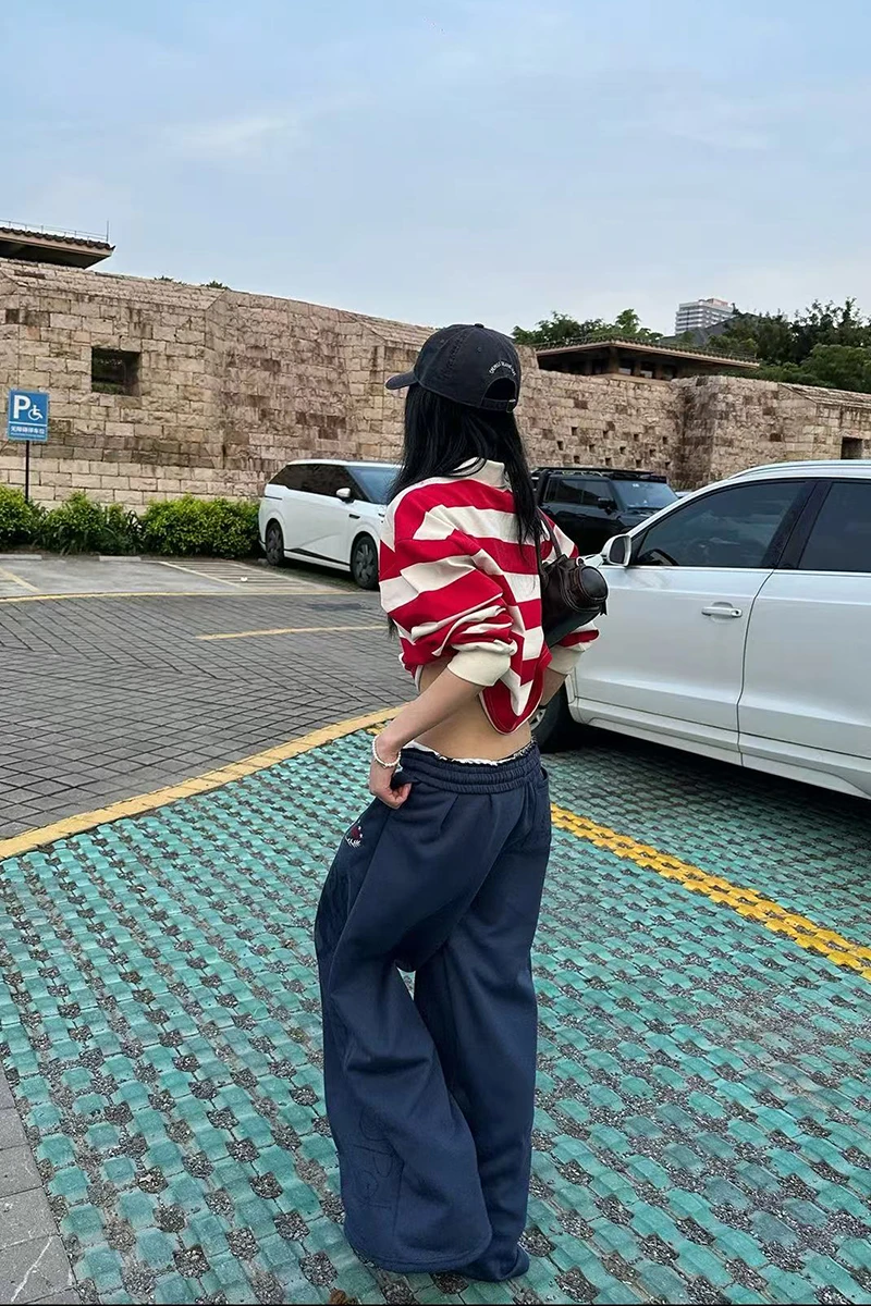 Y2K American Printed Women Wide Leg Pants Winter Thick Loose Drawstring Sweatpants High Waist Streetwear Straight Trousers Mujer