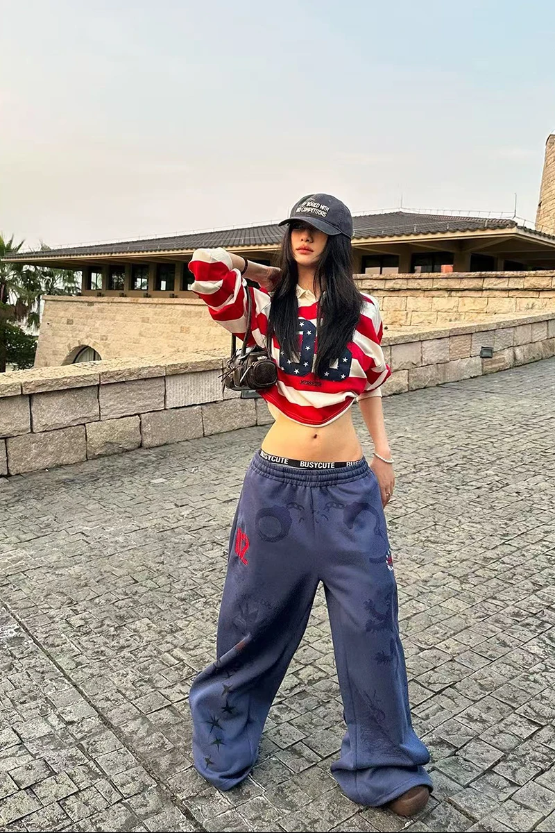 Y2K American Printed Women Wide Leg Pants Winter Thick Loose Drawstring Sweatpants High Waist Streetwear Straight Trousers Mujer