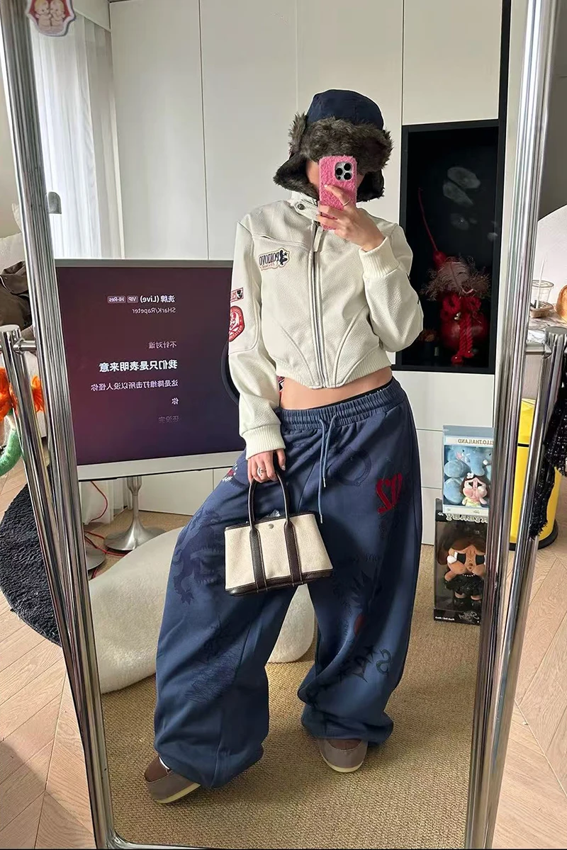 Y2K American Printed Women Wide Leg Pants Winter Thick Loose Drawstring Sweatpants High Waist Streetwear Straight Trousers Mujer