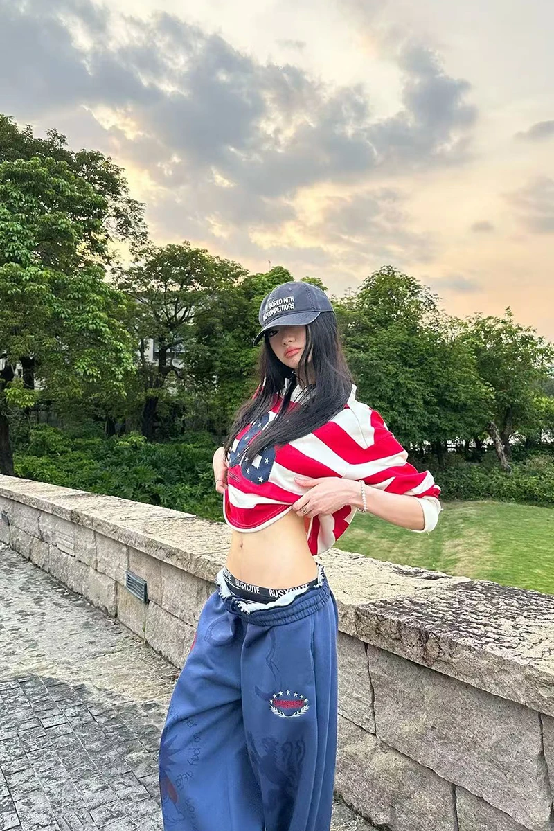 Y2K American Printed Women Wide Leg Pants Winter Thick Loose Drawstring Sweatpants High Waist Streetwear Straight Trousers Mujer